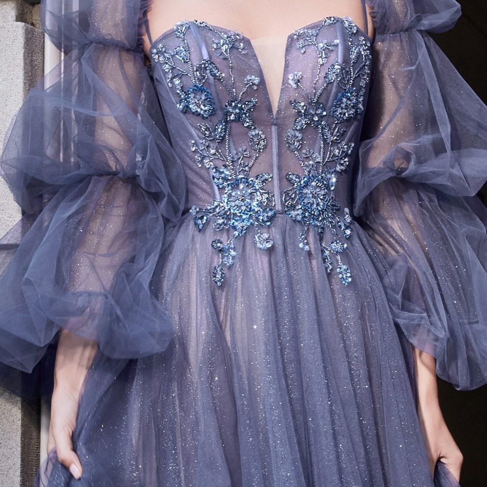 SMOKY BLUE PROM PARTY EVENING PUFFY SLEEVES BALL GOWN Open Back LONG Dress CD709 - Picture 7 of 7